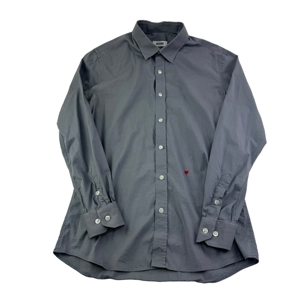 MOSCHINO Gray w/ Embroidered Heart Long Sleeve Cotton‎ Button Up Shirt 15.5/39